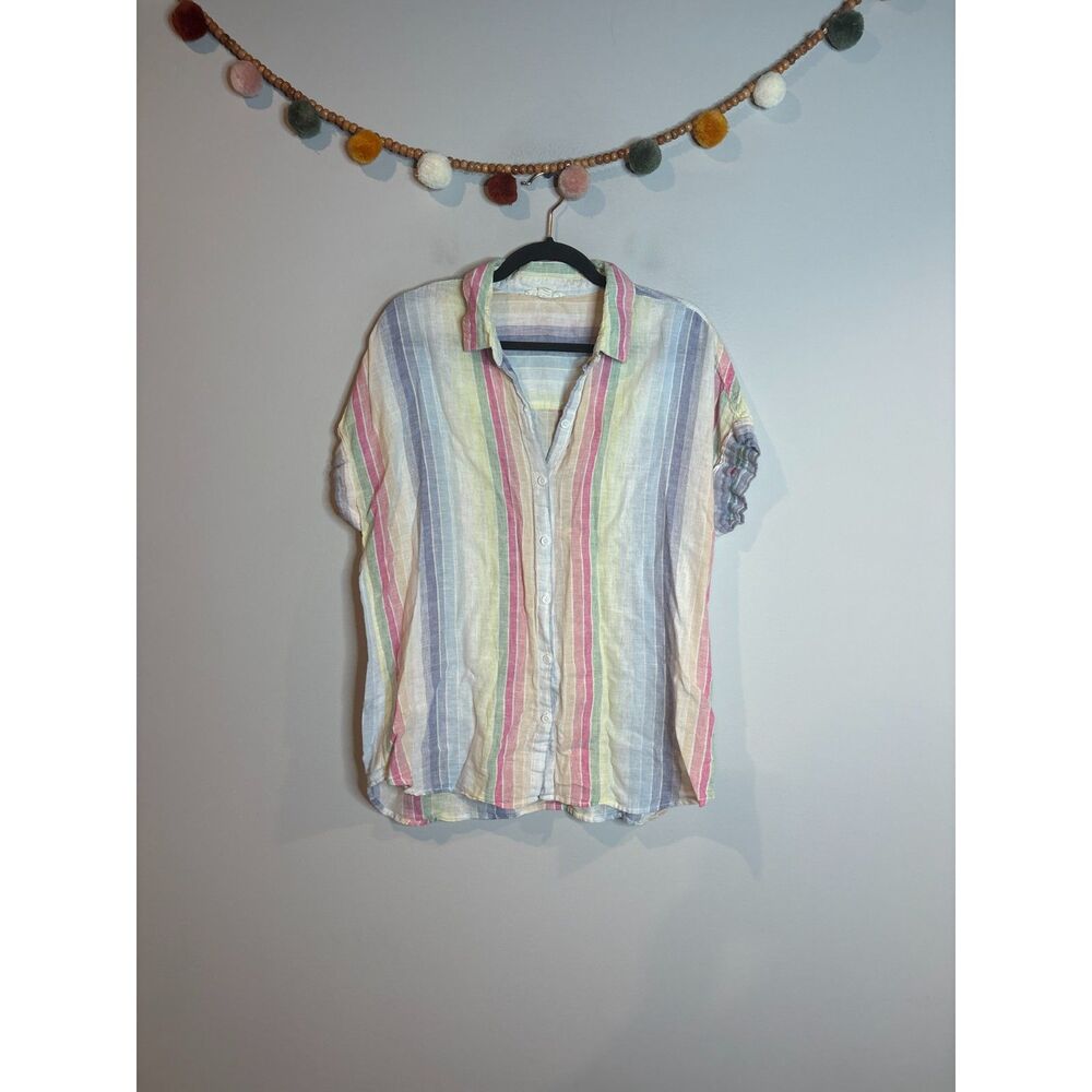 Beach Lunch Lounge rainbow striped linen blend button down top